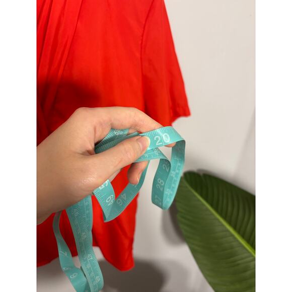 Vtg Red Draped Blouse Snap Neck Button Front Short Sleeve 80s | Bright Spring - Picture 6 of 12